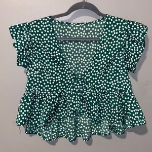 Green Ruffle Cropped Blouse With White Flowers